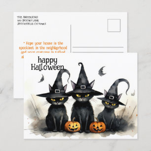 Cute Watercolor Witchy Cats Pumpkins Halloween Vykort