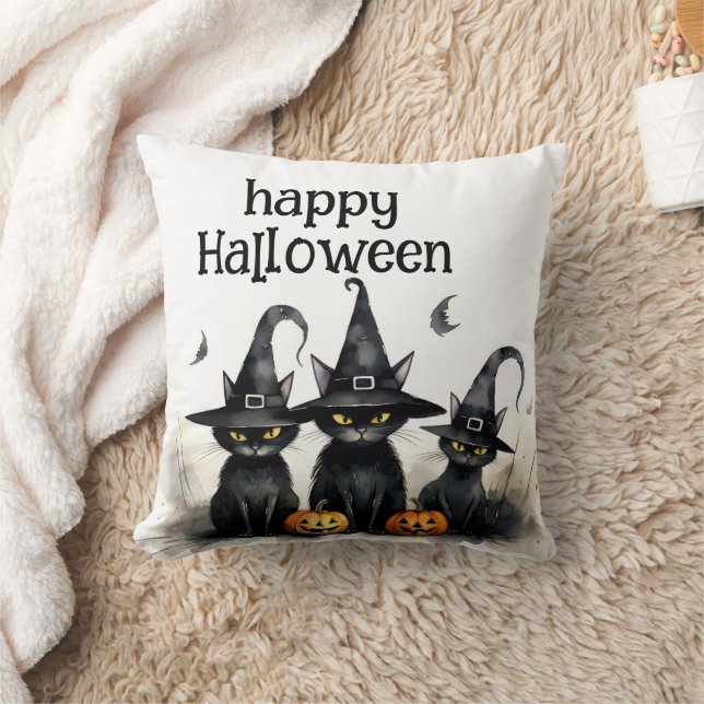 Cute Watercolor Witchy Cats Pumpkins Kudde (Filt)