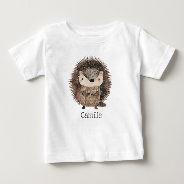 Cute Watercolor Woodland Animal Hedgehog Baby Namn T Shirt (Framsida)