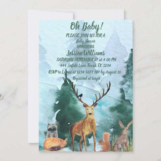 Cute Watercolor Woodland Animals Babydusch Inbjudningar (Framsida)