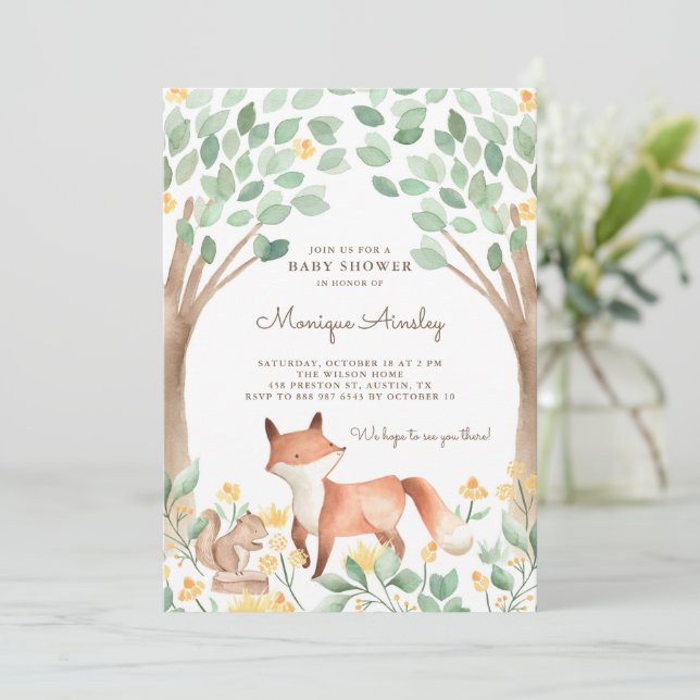 Cute Watercolor Woodland Fox Baby Shower Inbjudningar (Stående Fram)