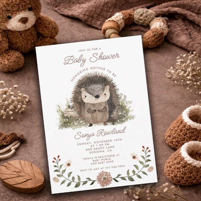 Cute Watercolor Woodland Hedgehog Baby Shower  Inbjudningar (Skapare uppladdad)