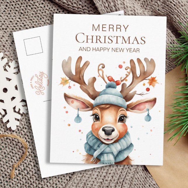 Cute Watercolor Woodland, julrenar Vykort (Cute Watercolor Woodland Christmas Reindeer Postcard)