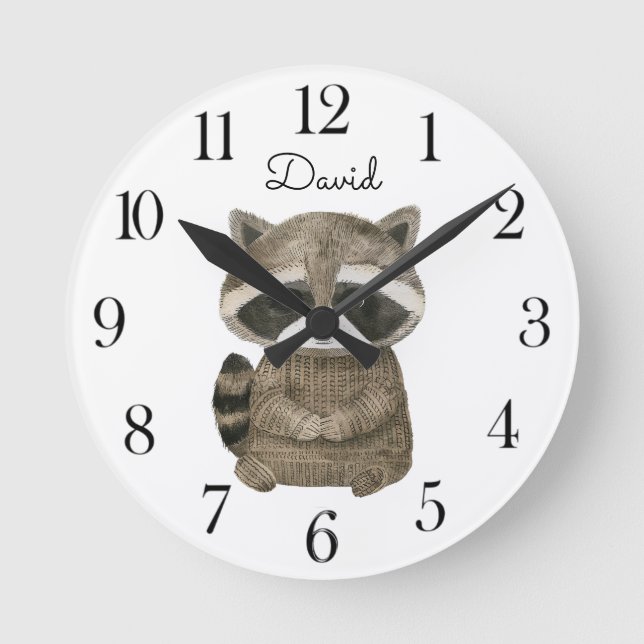 Cute Watercolor Woodland Raccoon Rund Klocka (Framsida)