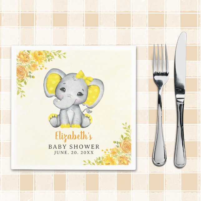 Cute Watercolor Yellow Elephant Baby shower Girl Pappersservett (Skapare uppladdad)
