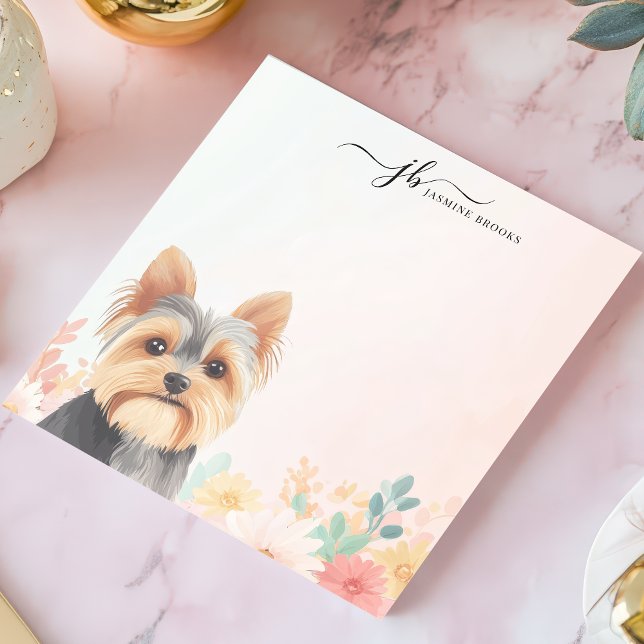 Cute Watercolor Yorkie Blommigt Personlig Anteckningsblock (Skapare uppladdad)