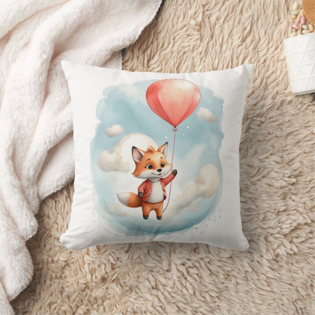 Cute Watercolor Young Fox Big Red Balloon Nursery Kudde (Filt)