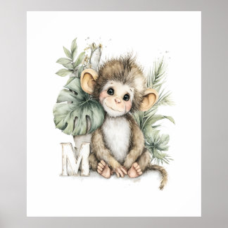 Cute watercolour baby animal alphabet Monkey Poster