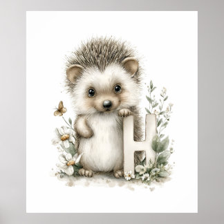 Cute Watercolour Baby Animals Alphabet Hedgehog Poster