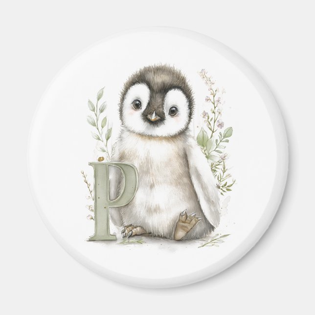 Cute Watercolour Baby Animals Alphabet Penguin Magnet (Framsidan)