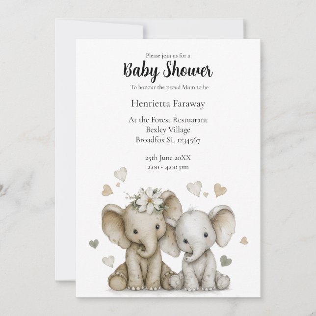 Cute Watercolour Baby elephants baby shower Inbjudningar (Framsida)