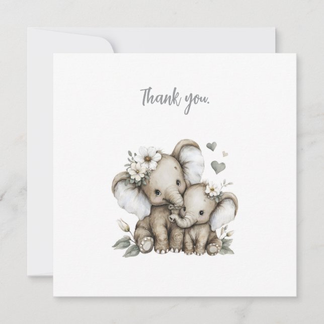 Cute Watercolour Baby Girl Elephants with Flowers  Tack Kort (Framsida)