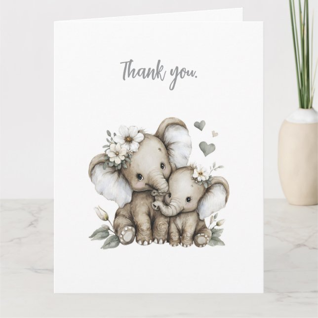 Cute Watercolour Baby Girl Elephants with Flowers  Tack Kort (Framsida)