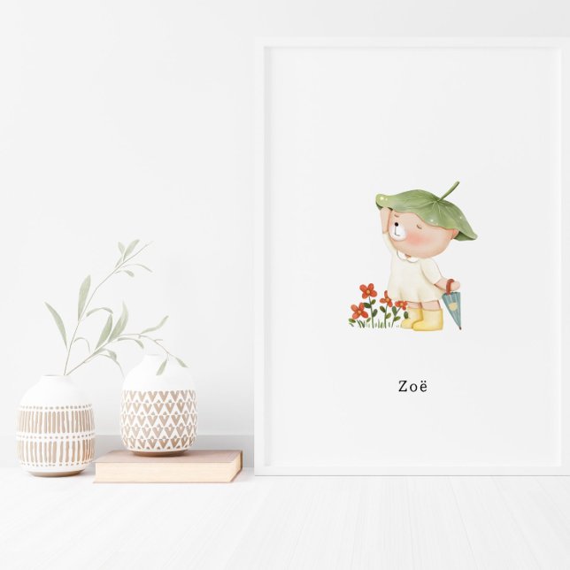 Cute Watercolour Bear With Umbrella Name Poster (Skapare uppladdad)