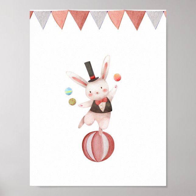Cute Watercolour Circus Juggling Rabbit Nursery Poster (Framsidan)