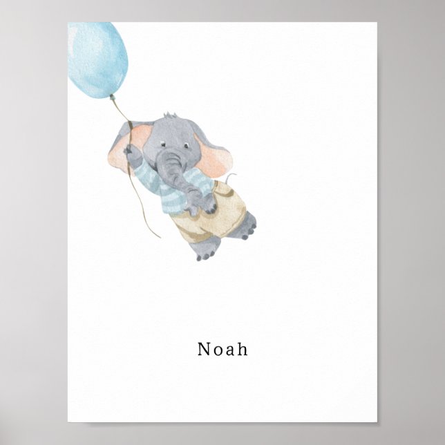 Cute Watercolour Elephant With Balloon Name Poster (Framsidan)