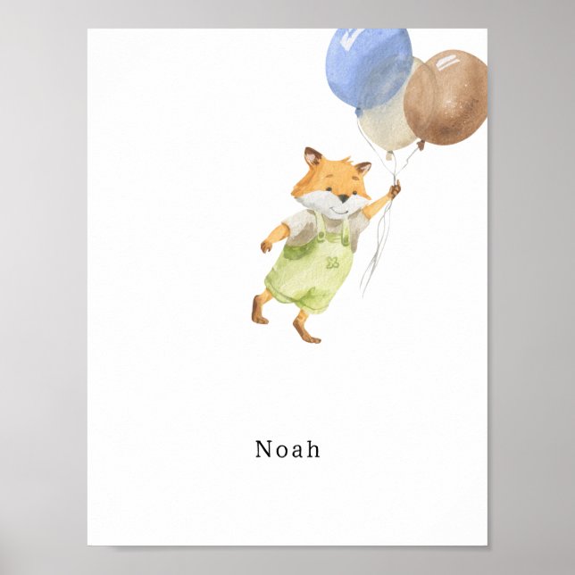 Cute Watercolour Fox With Balloons Name Poster (Framsidan)