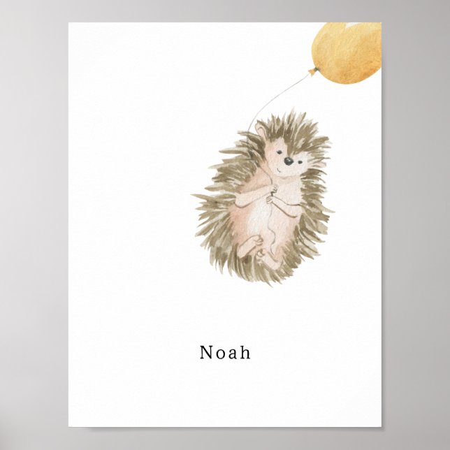 Cute Watercolour Hedgehog With Balloon Name Poster (Framsidan)