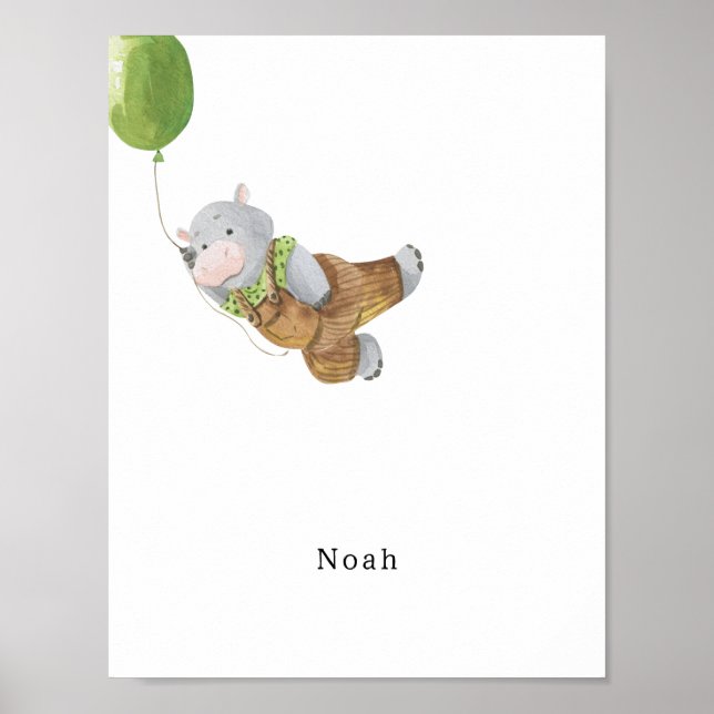 Cute Watercolour Hippo With Balloon Name Poster (Framsidan)