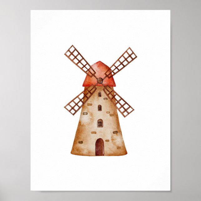 Cute Watercolour Mill Farm Windmill Poster (Framsidan)