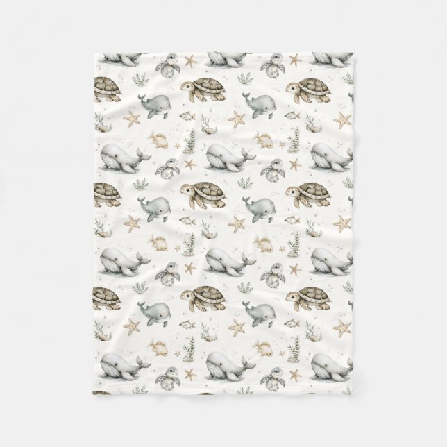 Cute Watercolour Ocean Baby Animals  Fleecefilt (Framsidan)