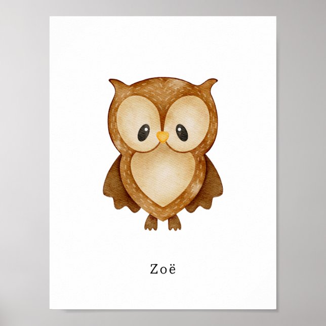 Cute Watercolour Owl Forest Animal Name Poster (Framsidan)