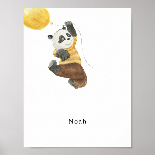 Cute Watercolour Panda With Balloon Name Poster (Framsidan)