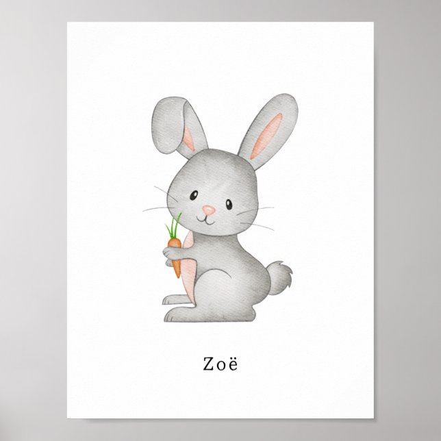 Cute Watercolour Rabbit With A Carrot Name Poster (Framsidan)