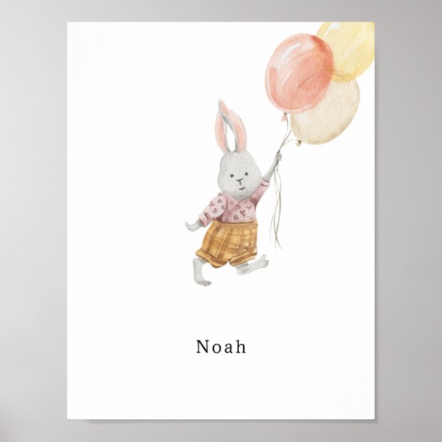Cute Watercolour Rabbit With Balloons Name Poster (Framsidan)