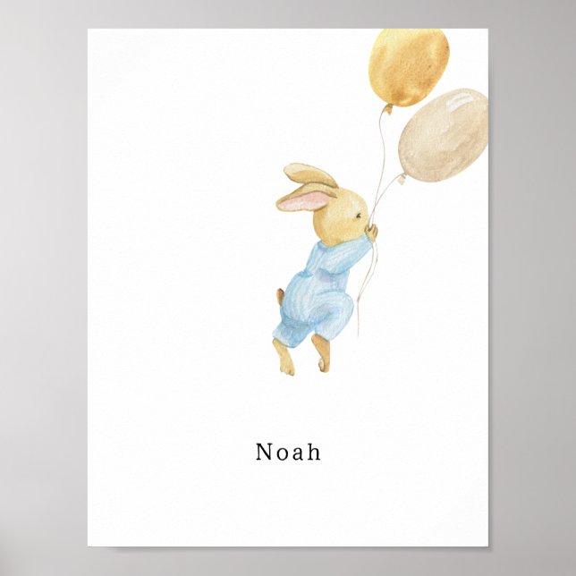 Cute Watercolour Rabbit With Balloons Name Poster (Framsidan)