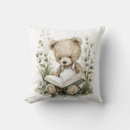 Cute Watercolour Teddy Bear reading a book Kudde