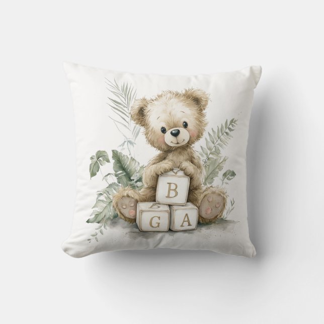 Cute Watercolour Teddy with wooden blocks Kudde (Framsida)