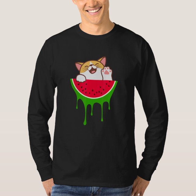 Cute Watermelon Cat Cat Summer Fruit T Shirt (Framsida)