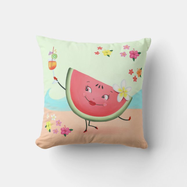 Cute Watermelon Character och Beach Kudde (Framsida)