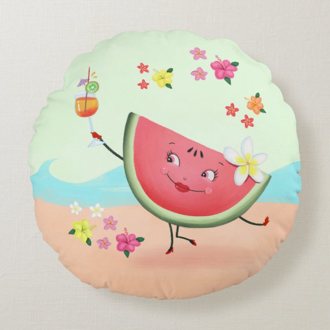 Cute Watermelon Character och Beach Rund Kudde (Framsidan)