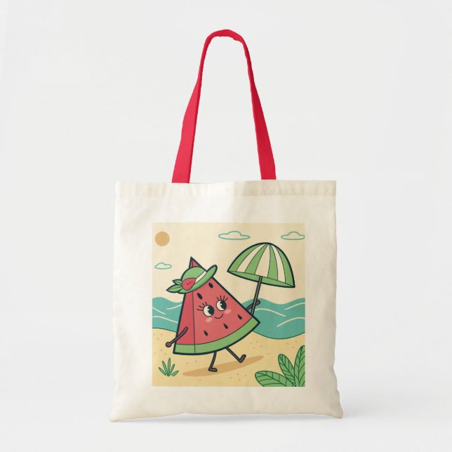Cute Watermelon Character vid Beach - Tote Bag Tygkasse (Framsidan)