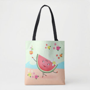Cute Watermelon Character vid Beach Tygkasse