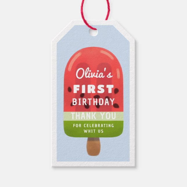 Cute Watermelon Popsicle First Birthday Gift Märkr Presentetikett (Framsidan)