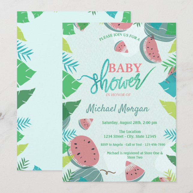Cute Watermelon, Tropical Löv Baby Shower Inbjudningar (Fram/baksida)