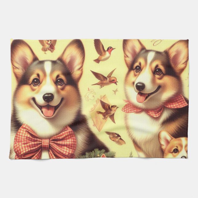 Cute Welsh Corgi Cardigan Illustration Kökshandduk (Horisontell)
