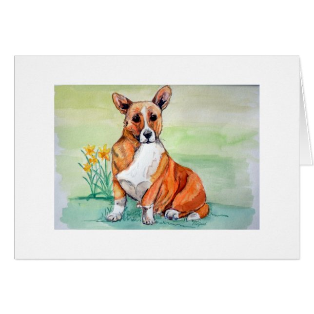 Cute Welsh Corgi Hund med Daffodils Hälsningskort (Framsidan Horizontal)