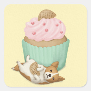 Cute Welsh Corgi och Cupcoa Illustration Art Fyrkantigt Klistermärke