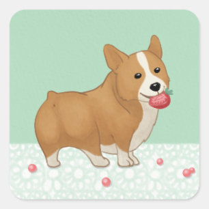 Cute Welsh Corgi och jordgubbsillustration Art Fyrkantigt Klistermärke