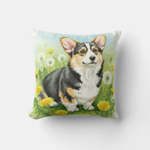 Cute Welsh Pembroke Corgi Dandelions Pillow Kudde