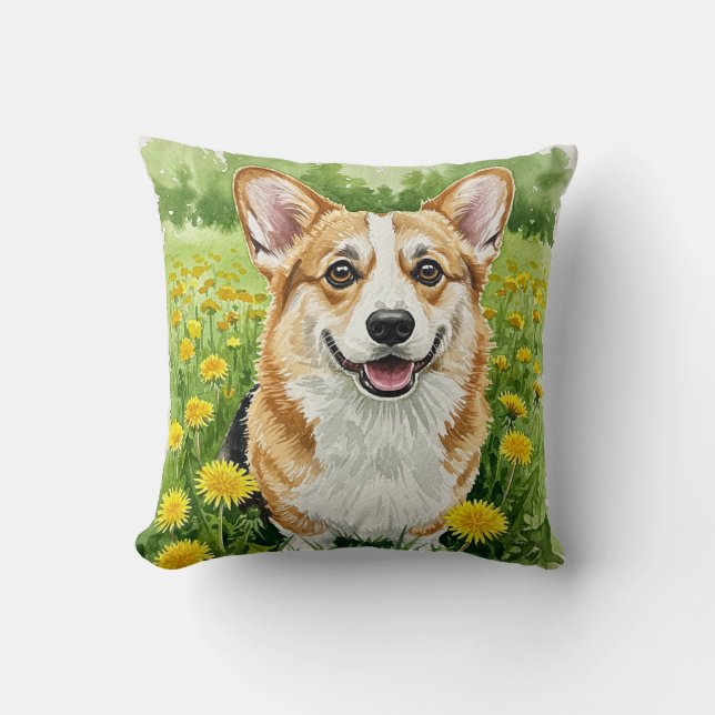 Cute Welsh Pembroke Corgi Dandelions Pillow Kudde (Framsida)