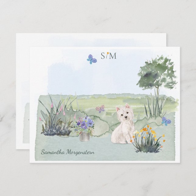 Cute Westie Butterfly Meadow Monogram & Namn Anteckningskort (Fram/baksida)