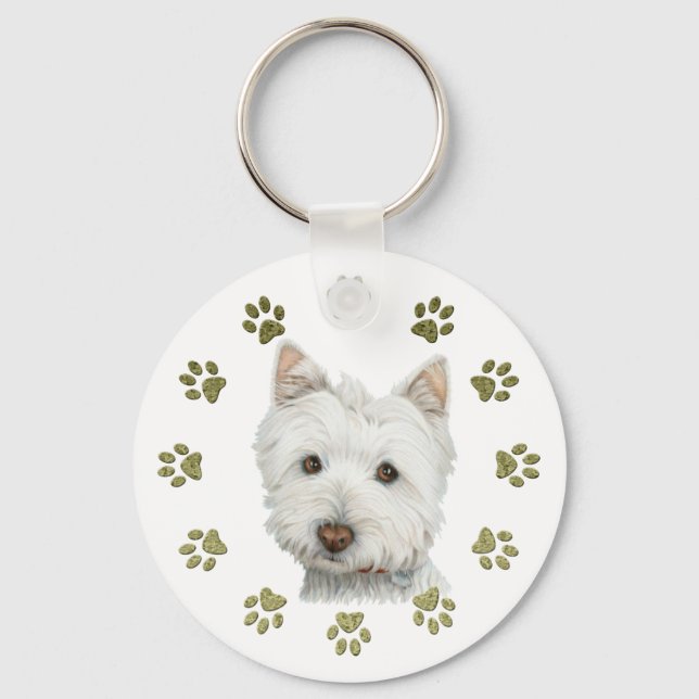 Cute Westie Hund Art och Tass Nyckelring (Framsida)