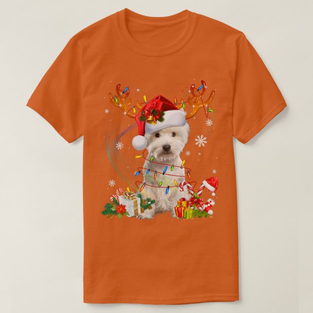 Cute Westie Ljus Santa Hat Sweater Julafton Träd T Shirt (Design framsida)
