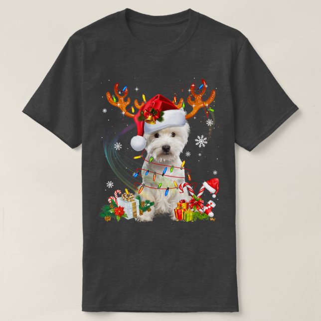 Cute Westie Ljus Santa Hat Sweater Julafton Träd T Shirt (Design framsida)