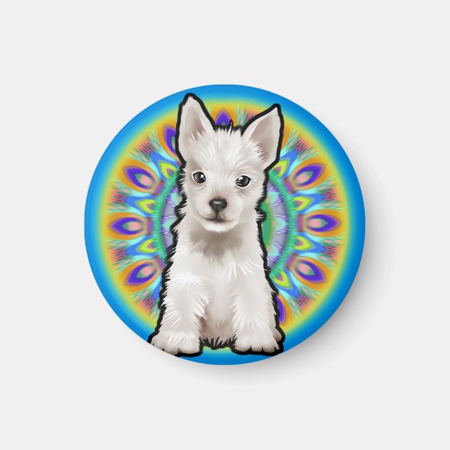 Cute Westie valp psychedelie fricampers magnet blu (Framsidan)
